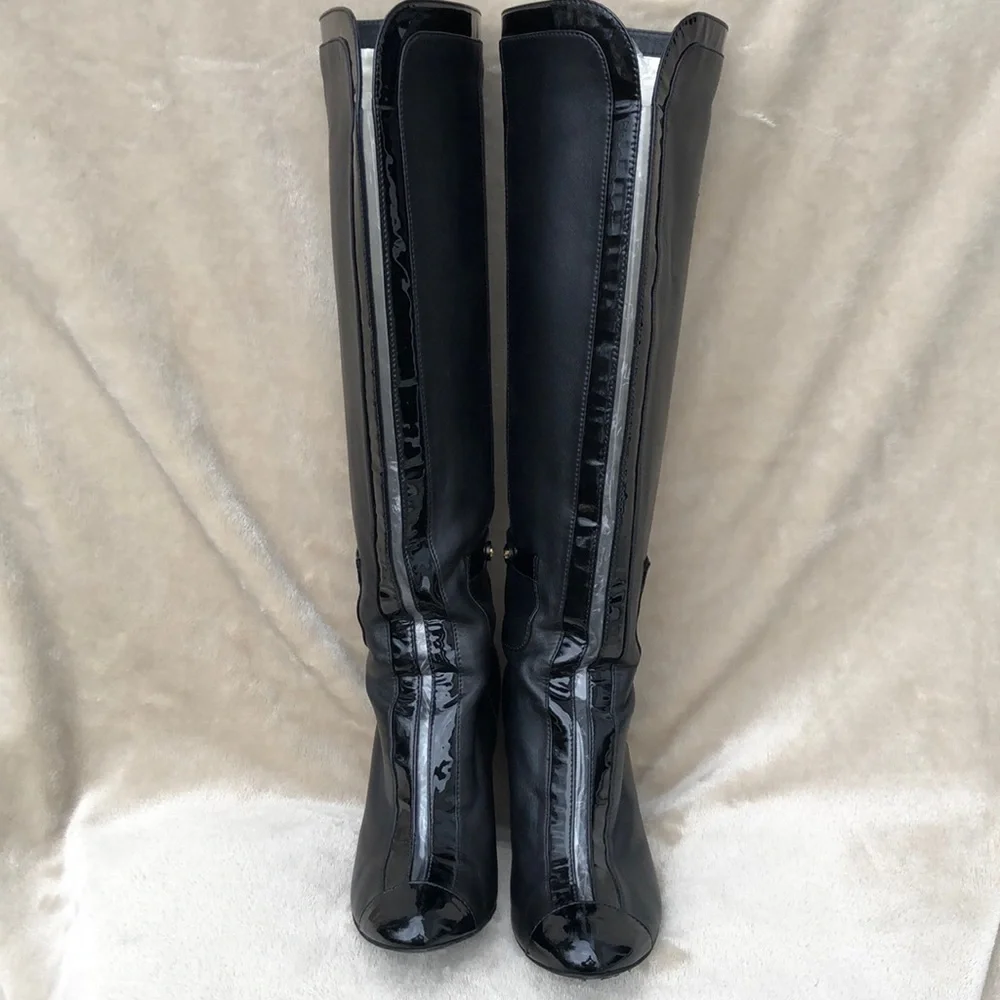 CHANEL Black Leather Tall Boots with Gold Accents - Picture 3 of 16